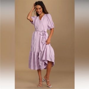 Lulu’s Sunny Love Seersucker Puff Sleeve Button Front Midi Dress Sz XL Lilac